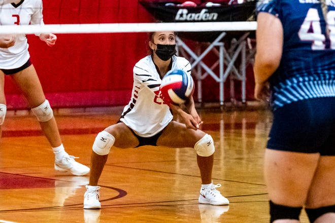 Old Rochester's Maggie Brogioli gets low to dig the serve from Apponequet earlier this season. On Tuesday, Brogioli had eight digs to go along with 11 kills.