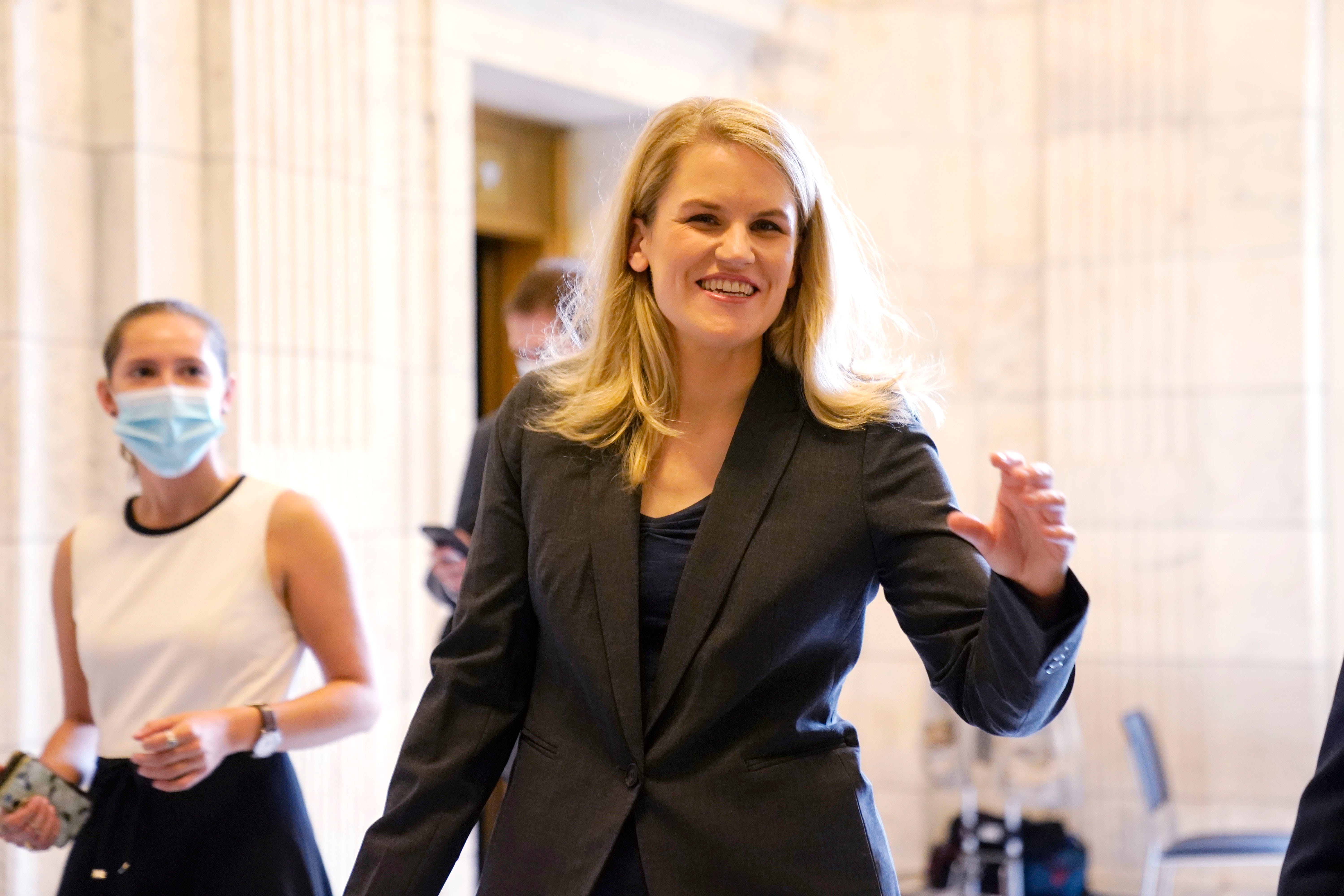 Former Facebook product manager Frances Haugen arrives to testify before the Subcommittee on Consumer Protection, Product Safety, and Data Security in Washington on Oct. 5, 2021. Haugen asserts Facebook prematurely turned off safeguards designed to thwart misinformation after Joe Biden defeated Donald Trump in last year’s elections. She believes the action contributed to the deadly Jan. 6 invasion of the U.S. Capitol.