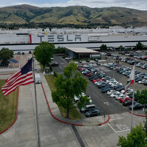 An aerial view of the Tesla Fremont Factory on May