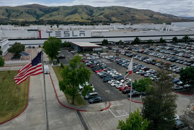 An aerial view of the Tesla Fremont Factory on May 13, 2020 in Fremont, California.