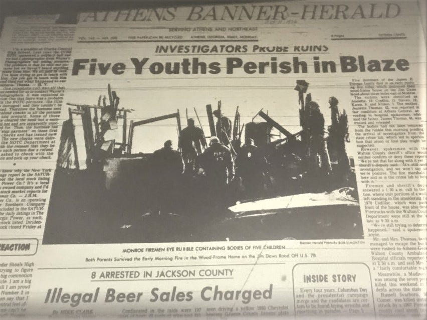 The front page of the Athens Banner-Herald in October 1976 shows the burned Thomas home.