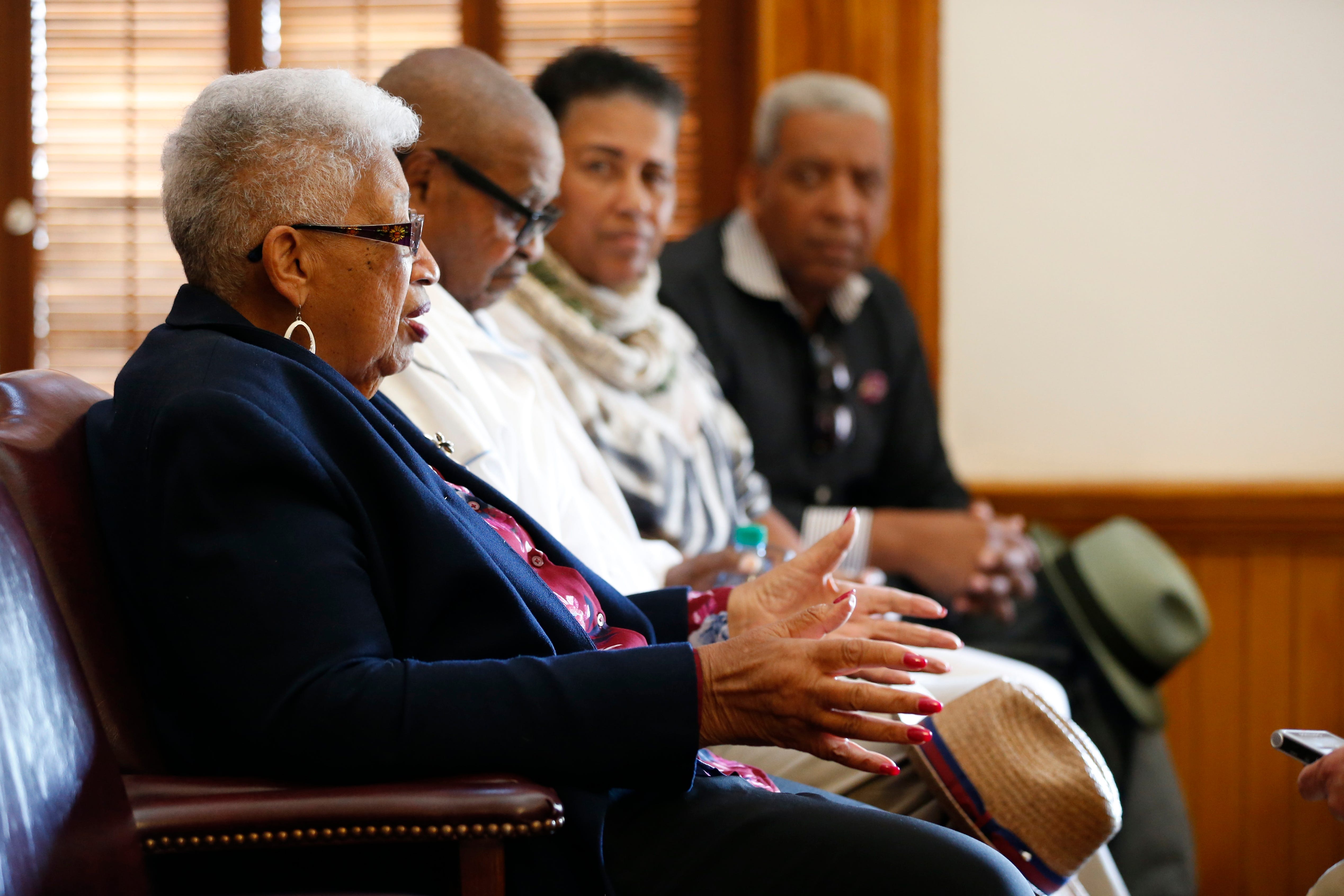 Jeannette Thomas, left, James Thomas, their daughter Helena and son James T. Thomas Jr., speak inside the Monroe Court House on May 16, 2019. The Thomas family lost five children when their house was burned in the early morning hours on October 12, 1976.