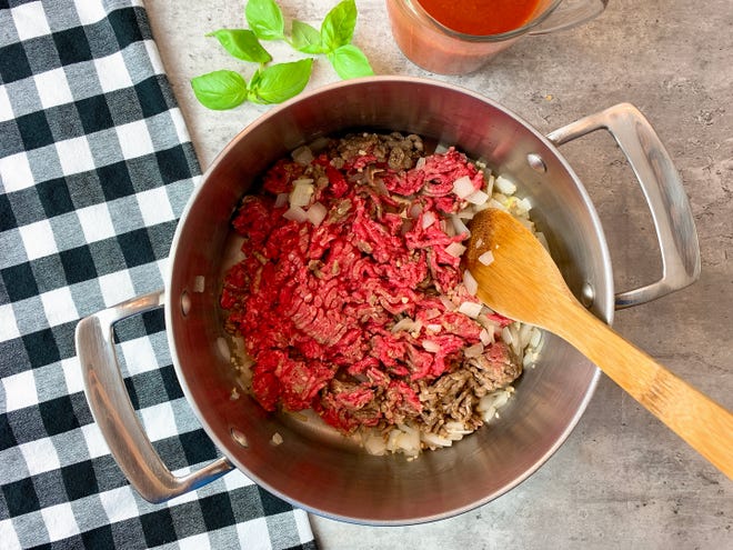 Browning the onion and beef provides a flavorful start for this ragu.
