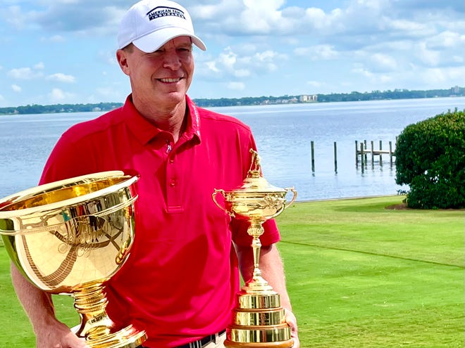 Steve Stricker displays the Presidents Cup (left) and the Ryder Cup after a news conference at the Timuquana Country Club on Thursday. Strickers is the third U.S. captain to have won both.