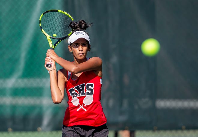 Springfield’s Nischi Korrapati returns a serve in singles play during the Girls CS8 Tennis Tournament at Washington Park in Springfield, Ill., Friday, October 8, 2021. [Justin L. Fowler/The State Journal-Register] 