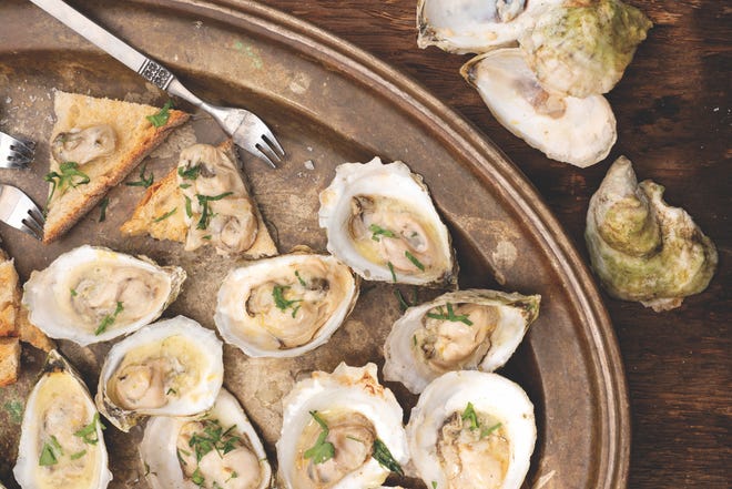 Grilled oysters from "The Row 34 Cookbook: Stories and Recipes from a Neighborhood Oyster Bar"