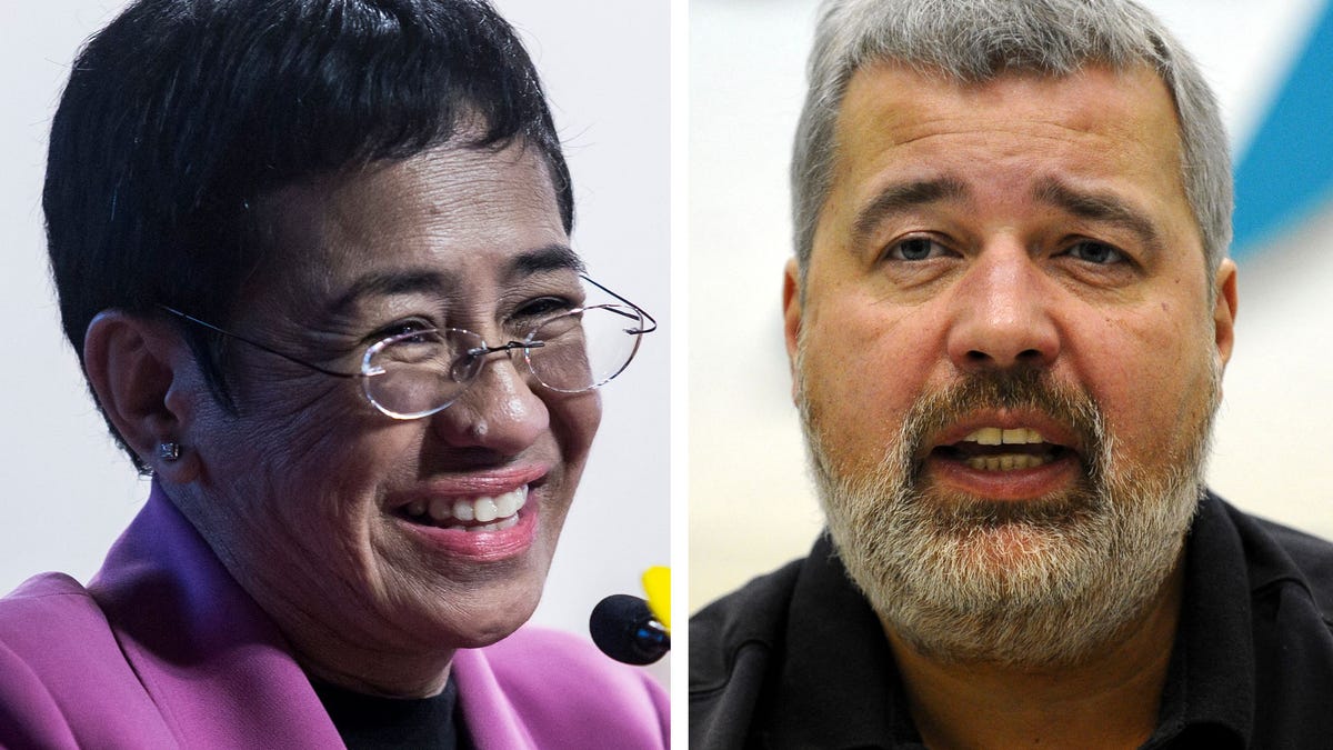 This file combination of pictures created on October 08, 2021, shows Maria Ressa (L), co-founder and CEO of the Philippines-based news website Rappler, speaking at the Human Rights Press Awards at the Foreign Correspondents Club of Hong Kong on on May 16, 2019 and Dmitry Muratov, editor-in-Chief of Russia's main opposition newspaper Novaya Gazeta gestures as he speaks during a news conference in Moscow, on December 11, 2012.