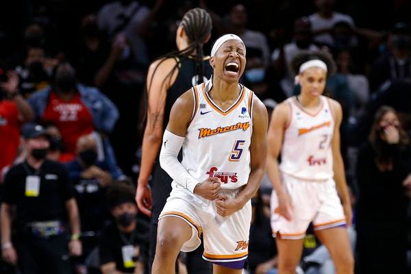 Phoenix Mercury guard Shey Peddy (5) reacts after drawing a foul from the Las Vegas Aces late in the second half of Game 5 of a WNBA basketball playoff series Friday, Oct. 8, 2021, in Las Vegas. The Mercury won 87-84. (AP Photo/Chase Stevens)