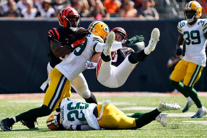 Joe Burrow fortunately got up from a big hit from the Green Bay Packers during the second quarter Sunday at Paul Brown Stadium.