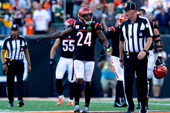 Cincinnati Bengals safety Vonn Bell (24) reacts after Green Bay Packers kicker Mason Crosby (2) hit a field goal in overtime to end the NFL football game on Sunday, Oct. 10, 2021, at Paul Brown Stadium in Cincinnati. Green Bay Packers defeated Cincinnati Bengals 25-22 in overtime.
