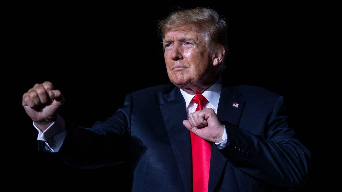 Former President Donald Trump, wraps up his rally, on Saturday, Oct. 9, 2021, in Des Moines, Iowa. 