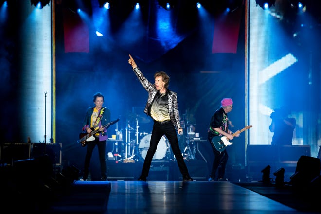 Left to Right: Rolling Stones' Ronnie Wood, Mick Jagger and Keith Richards perform in Nashville.