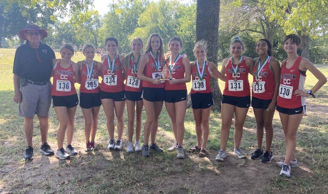 The Plainview girls cross country team poses for a photo after taking first at the Oklahoma Baptist University meet.
