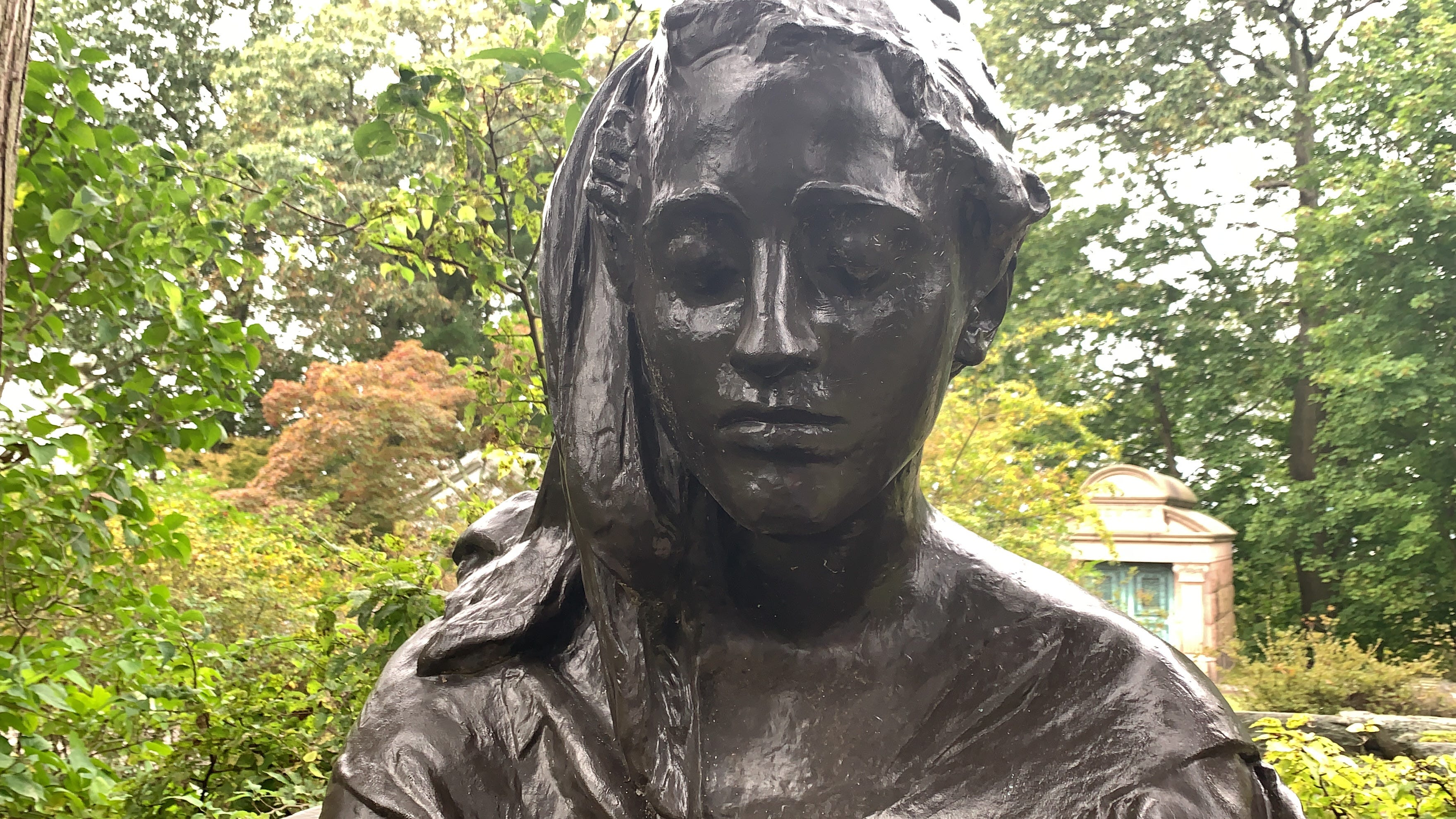 The Bronze Lady, seated across from the grave of Civil War General Samuel Thomas, has been irresistible to thrill-seeking locals in Sleepy Hollow, New  York, who swear that after-hours visits to the oversized sculpture at the top of Sleepy Hollow Cemetery send shivers up their spines.