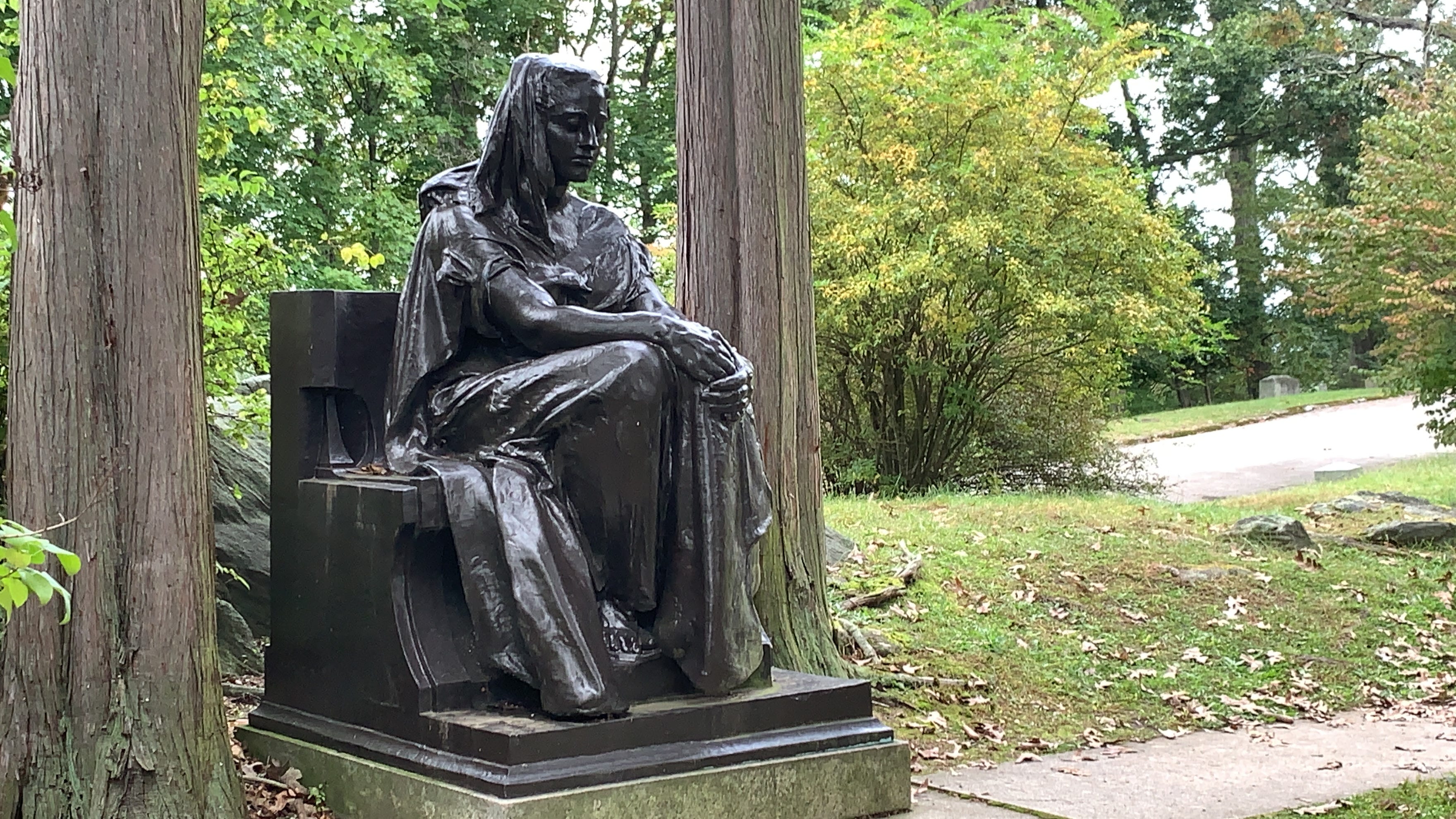 The Bronze Lady, seated across from the grave of Civil War General Samuel Thomas, has been irresistible to thrill-seeking locals in Sleepy Hollow, New  York, who swear that after-hours visits to the oversized sculpture at the top of Sleepy Hollow Cemetery send shivers up their spines.