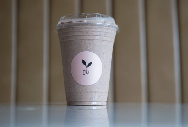 A freshly made Cookie Monster smoothie sits on a table in the new goodbeet in Bordentown.  