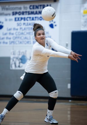 Isabelle Mitchell (5) plays the ball during the Booker T. Washington vs Central volleyball match at Central High School in Milton on Monday, Oct. 11, 2021.
