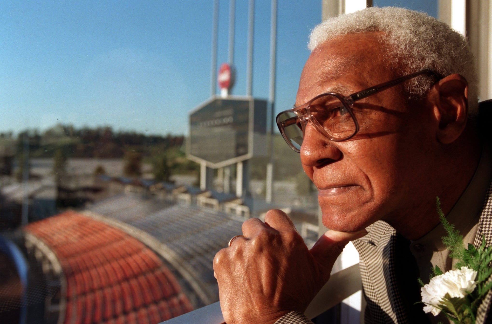 Buck O'Neil, former baseball player with Kansas City of Negro Leagues, is photographed at Dodger Stadium in 1997.