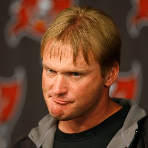 Jon Gruden shown as coach of the Buccaneers, a pos