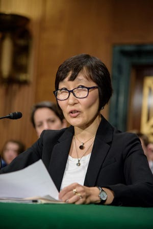 If confirmed, Saule Omarova would arrive at the Office of the Comptroller of the Currency amid a larger crackdown on cryptocurrencies and fintech by the Biden administration. Omarova is seen here from a September 2018 hearing by the Senate Committee on Banking, Housing, and Urban Affairs on fintech. (Courtesy Senate Committee on Banking, Housing, and Urban Affairs/TNS)