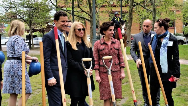 Then-Gov. Gina Raimondo with Barbara and Brian Goldner, left, at the 2017 groundbreaking for Brandon's Beach.