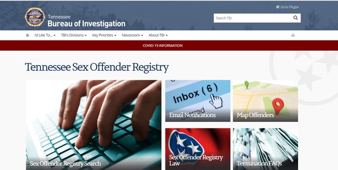 A screenshot of Tennessee's sex offender registry website, managed by the Tennessee Bureau of Investigation.