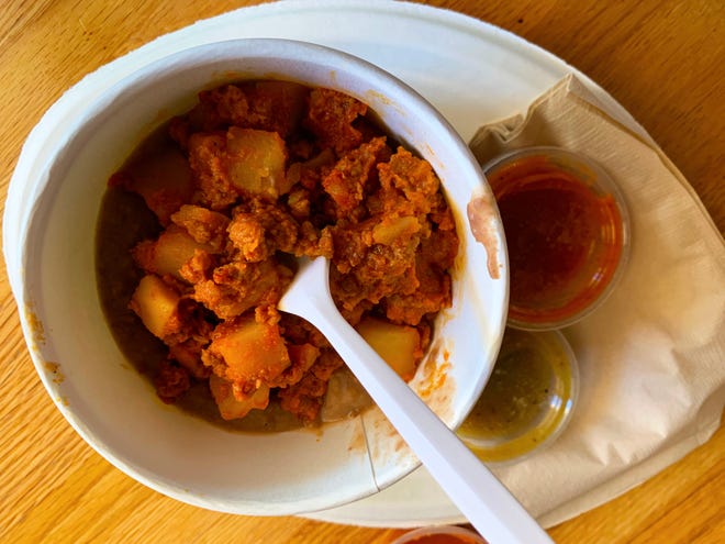 A vegan bowl with beans and chile colorado at Testal.