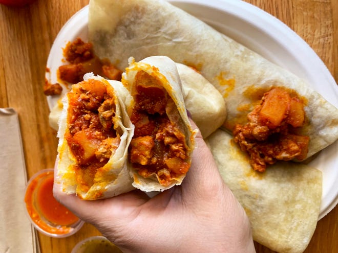 The chile colorado burrito with pork at Testal on Grand Avenue.