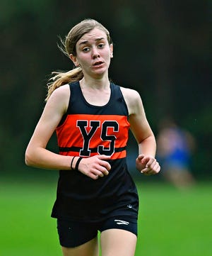 York Suburban's Sarah Stark finishes first at 20:58 during girls' cross country action at John C. Rudy County Park in East Manchester Township, Tuesday, Oct. 12, 2021. Dawn J. Sagert photo