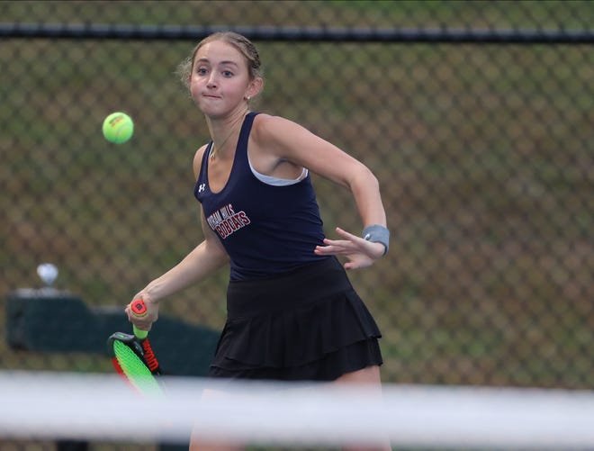 Byram Hills' Alyssa Margolin competes in the singles championship match at the girls Section 1 tennis finals at Harrison High School on Wednesday, October 13, 2021. 