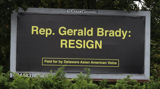 A billboard newly installed on Lancaster Pike just outside Wilmington has a one word message for state Rep. Gerald Brady, Tuesday, Oct. 12, 2021.