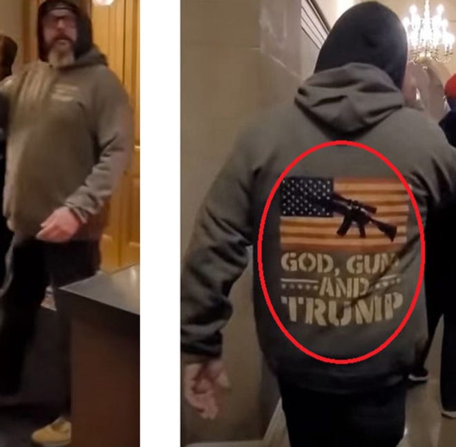 Investigators said video images of Jeffrey Register in a hoodie (left) and images of a man with a hoodie bearing the slogan "God, Guns and Trump" (right) allowed them to track Register's movements through the U.S. Capitol during the Jan. 6 riot.