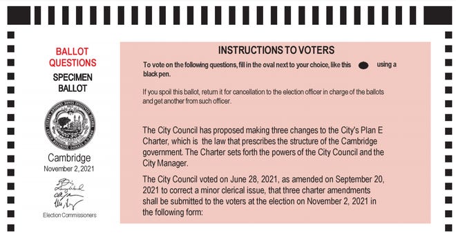 Specimen ballot for Cambridge's Nov. 2 municipal election.