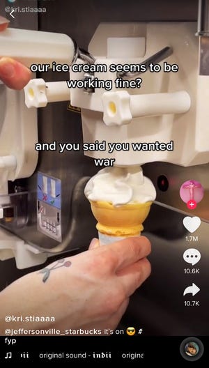 A TikTok posted by a McDonald's employee responded to a sign put up by a neighboring Starbucks commenting on the refrain that the fast food chain's ice cream machines are often broken.