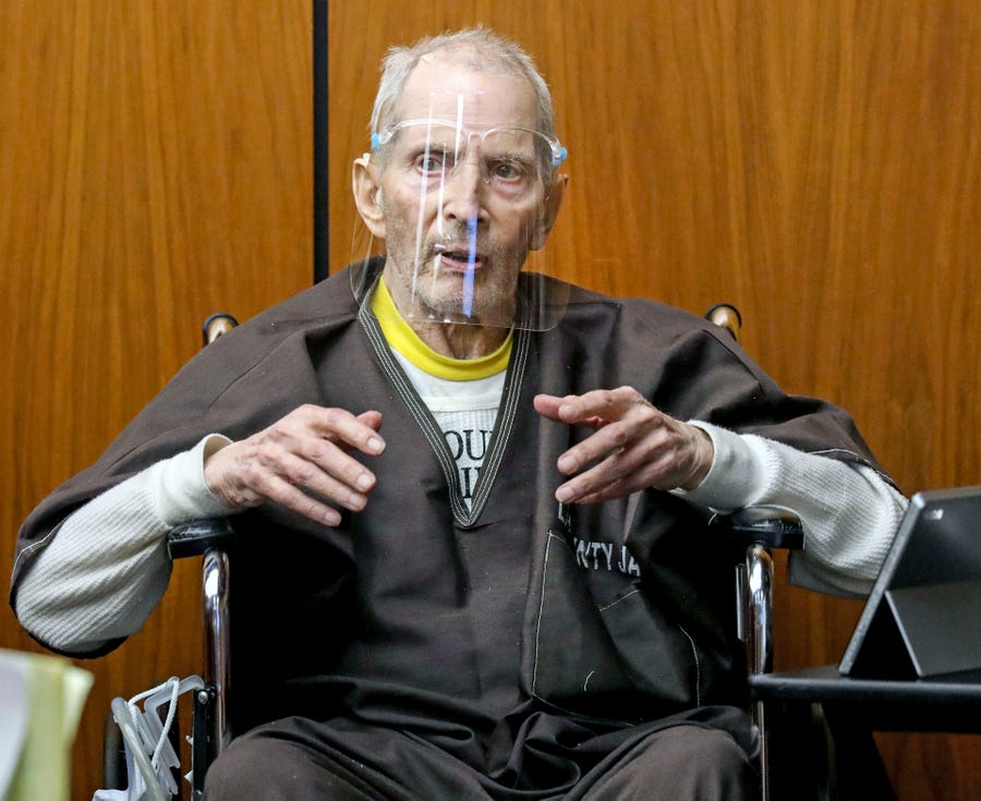 In this Monday, Aug. 9, 2021, file photo, New York real estate scion Robert Durst, 78, answers questions from defense attorney Dick DeGuerin, while testifying in his murder trial at the Inglewood Courthouse in Inglewood, Calif.