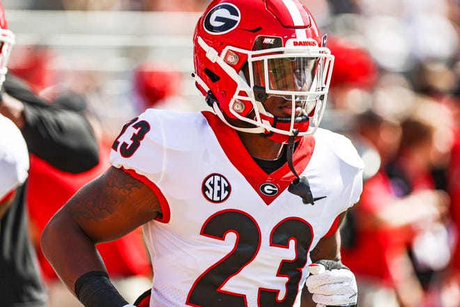 Georgia defensive back Tykee Smith (23) before the Bulldogs’ game against Auburn at Jordan-Hare Stadium in Auburn, Ala., on Saturday, Oct. 9, 2021. (Photo by Tony Walsh)