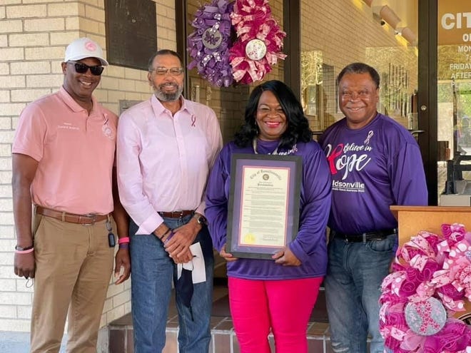 Wanda August is shown at Donaldsonville City Hall with the proclamation. Shown from left are Donaldsonville City Council members Rev. Charles Brown Sr., Reginald Francis Sr., and Mayor Leroy Sullivan.