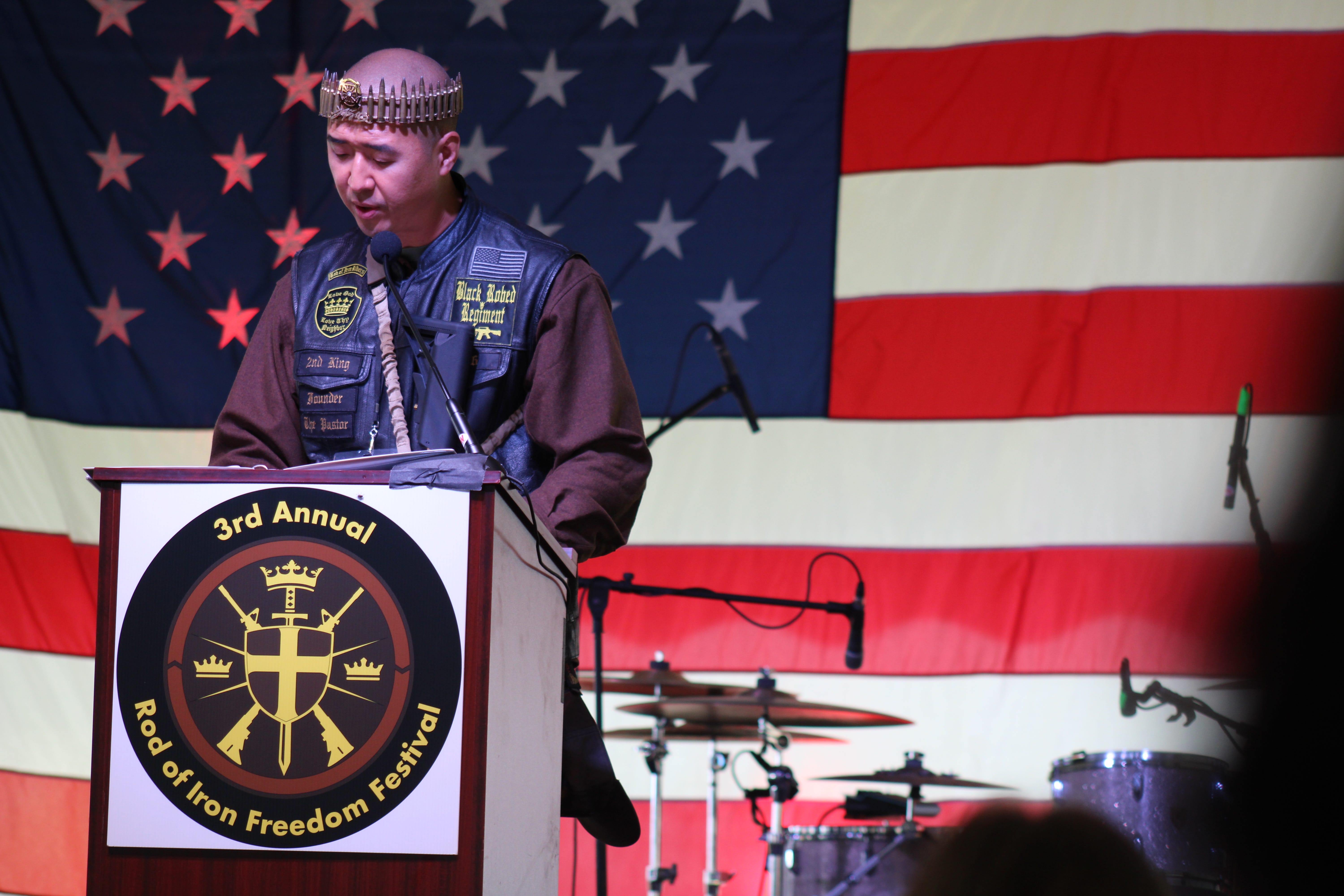 Pastor Sean Moon wears a crown of bullets as he speak about the rod of iron and what he perceives as the biblical endorsement of assault weapons.