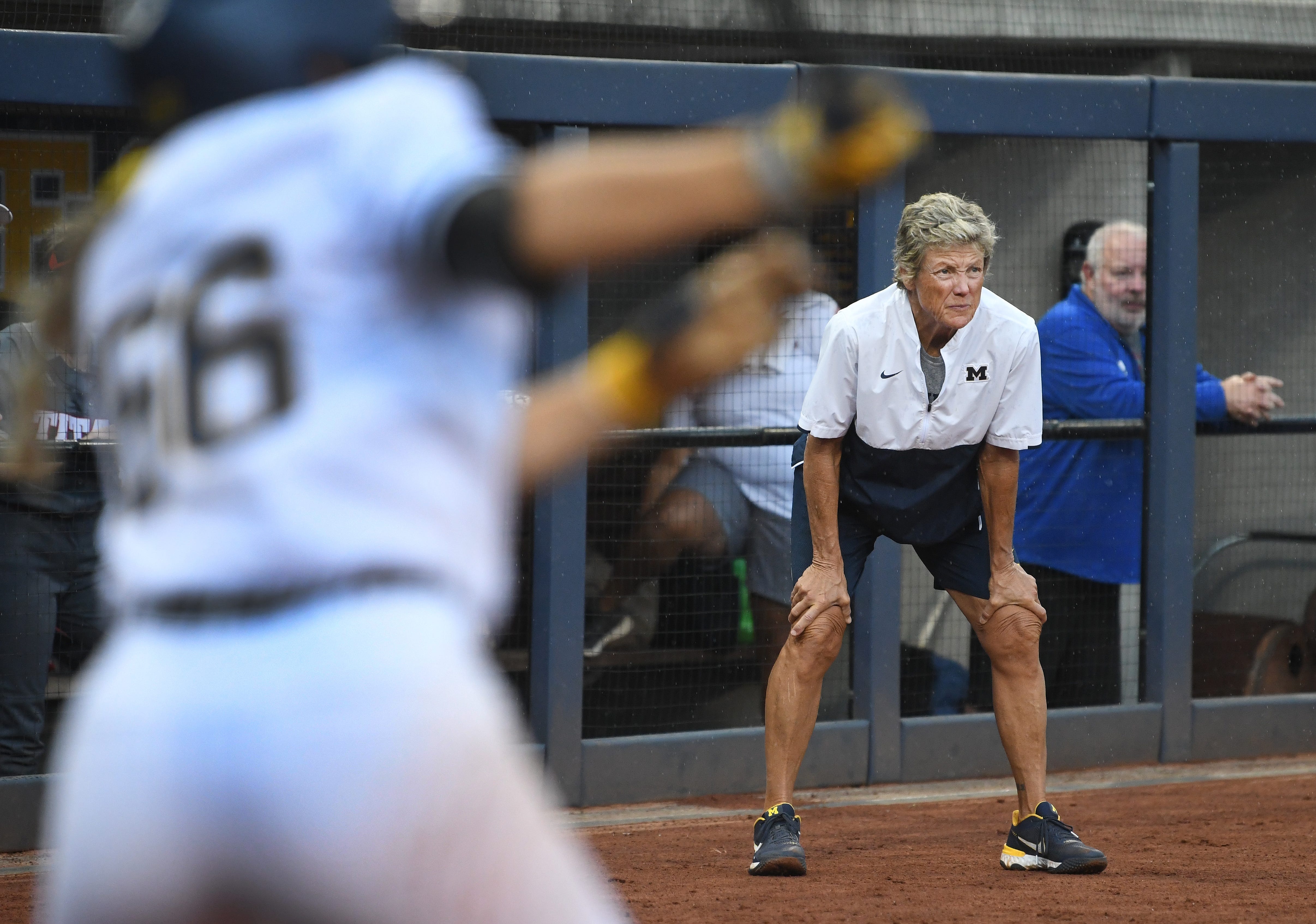 UM softball coach Carol Hutchins during a softball game against the University of Detroit Mercy at Alumni Field on UM's campus on Oct. 14, 2021.