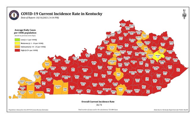 This map, issued by the Kentucky Department for Public Health, shows the incidence rates of COVID-19 transmission throughout the state, broken down by county.