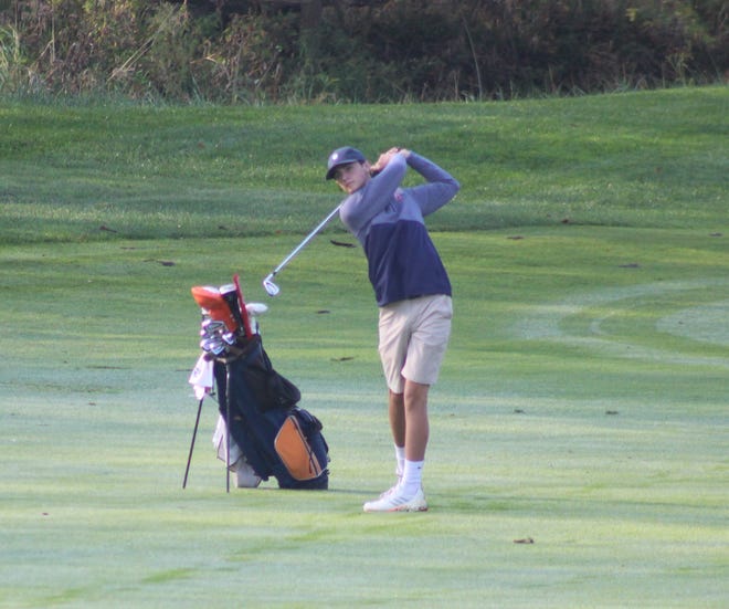 Galion's Nate McMullen watches his shot during the first day of the OHSAA Division II State Boys Golf Tournament on Friday at NorthStar Golf Course in Sunbury.