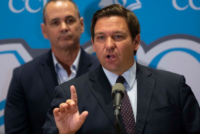 Gov. Ron DeSantis, show here speaking Oct. 15 at the Collier County Public Schools building in Naples, has outlined a series of priorities for the 2022 legislative session.