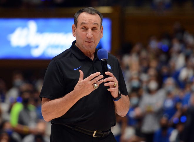 Oct 15, 2021; Durham, NC, USA; Duke Blue Devils head coach Mike Krzyzewski addresses the crowd during Duke Countdown to Craziness at Cameron Indoor Stadium.