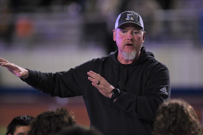 Abilene High head coach Mike Fullen talks to his team after Friday's game against Frenship at Peoples Bank Stadium in Wolfforth on Oct. 15, 2021. The Eagles pulled away for a 48-28 victory.
