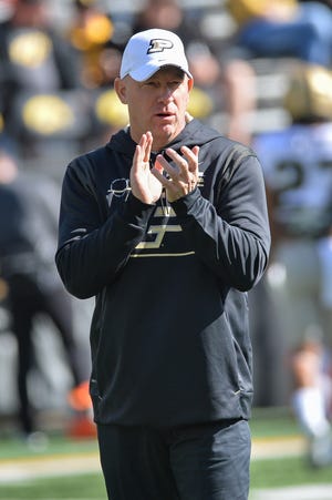 Oct 16, 2021; Iowa City, Iowa, USA; Purdue Boilermakers head coach Jeff Brohm reacts before the game against the Iowa Hawkeyes at Kinnick Stadium. Mandatory Credit: Jeffrey Becker-USA TODAY Sports
