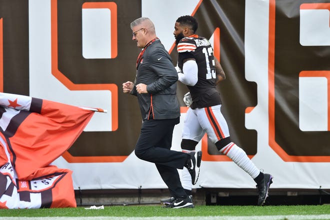 Cleveland Browns wide receiver Odell Beckham Jr. runs to the locker room during the first half of an NFL football game against the Arizona Cardinals, Sunday, Oct. 17, 2021, in Cleveland. (AP Photo/David Richard)