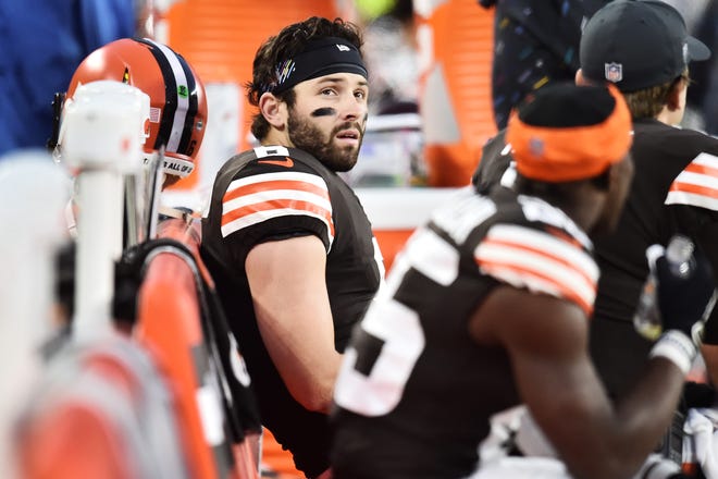 Oct 17, 2021; Cleveland, Ohio, USA; Cleveland Browns quarterback Baker Mayfield (6) sits on the bench during the second half against the Arizona Cardinals at FirstEnergy Stadium. Mandatory Credit: Ken Blaze-USA TODAY Sports