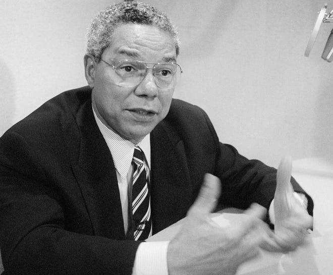 Gen. Colin Powell gestures during an interview in Washington Monday July 8, 1996. Powell said he did not want a major role at next month's Republican National Convention and that he did not plan to campaign for Bob Dole or any other Republican candidates this fall. (AP Photo/Wilfredo Lee)