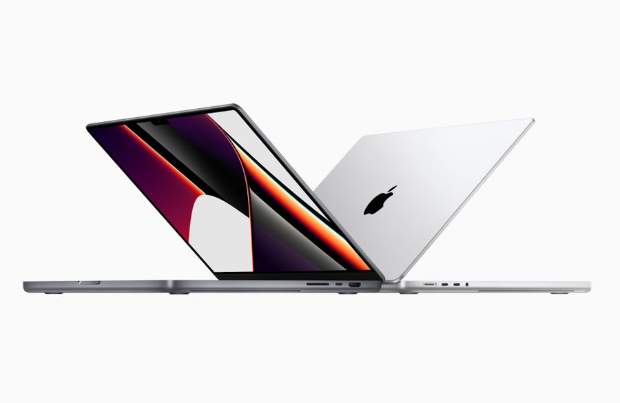 The redesigned MacBook Pros, with 14-inch and 16-inch displays.