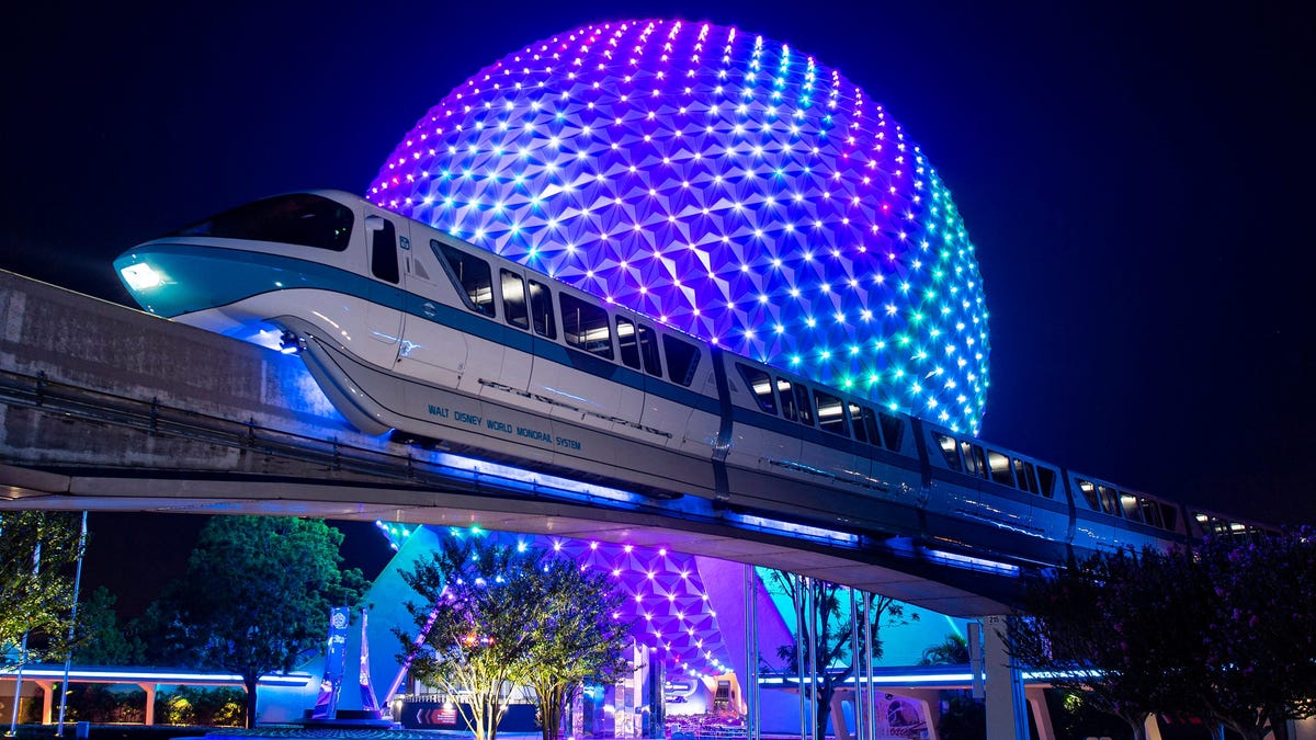 A Monorail ride offers a stunning nighttime view of EPCOT as Walt Disney World celebrates its 50th anniversary.